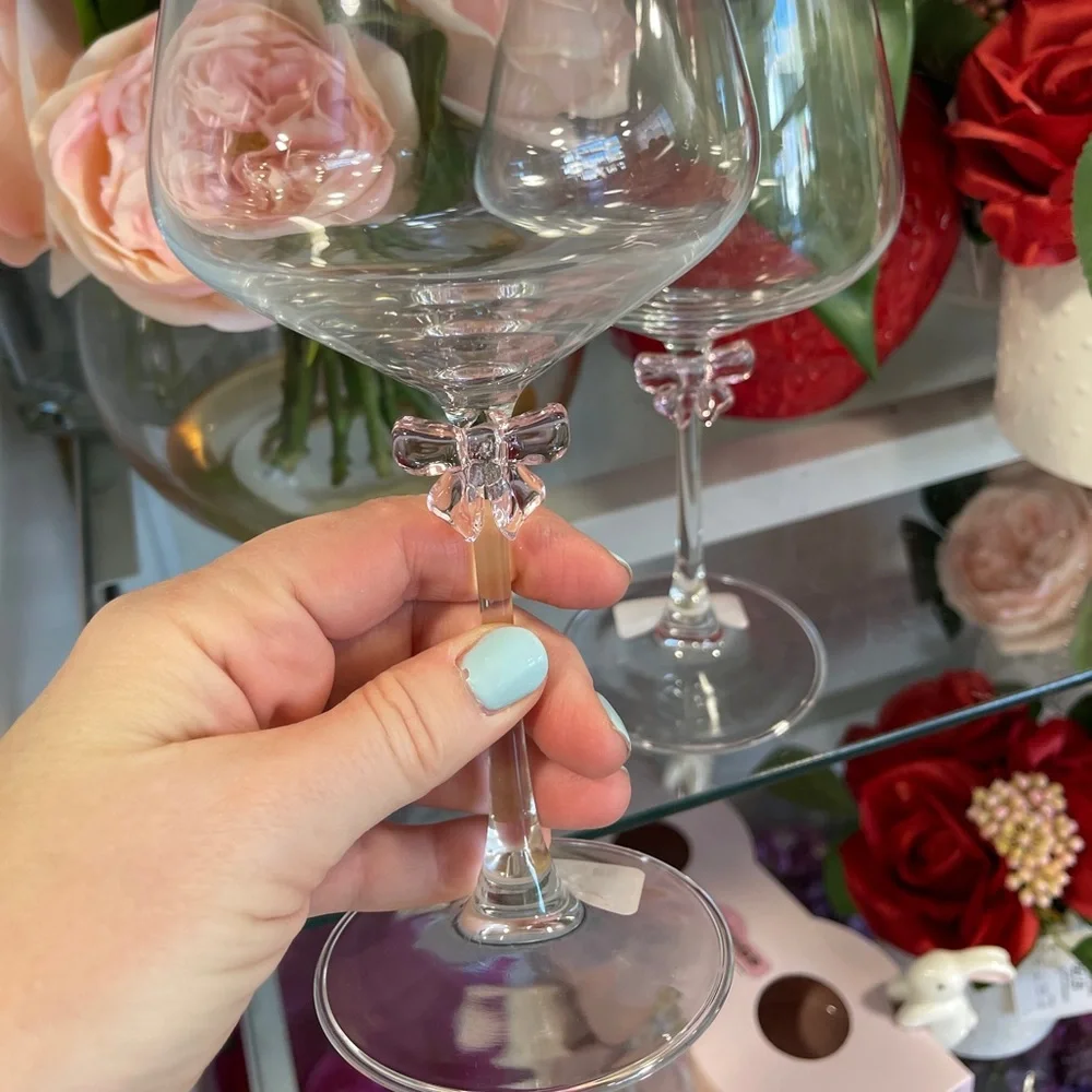 Pink Bow Ribbon Coquette Glass  WineGlasses Set of 2 NWT Godinger